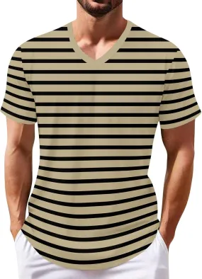 Ymosrh Men's Striped Shirt Short Sleeve V Neck Print T-Shirts Casual Summer Beach Tee Tops Shirts, S-3XL
