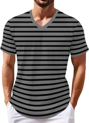 Ymosrh Men's Striped Shirt Short Sleeve V Neck Print T-Shirts Casual Summer Beach Tee Tops Shirts, S-3XL