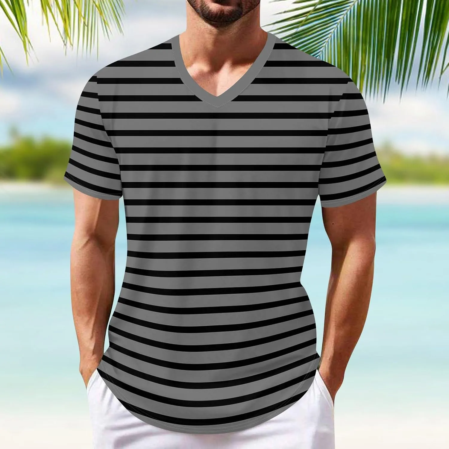 Ymosrh Men's Striped Shirt Short Sleeve V Neck Print T-Shirts Casual Summer Beach Tee Tops Shirts, S-3XL
