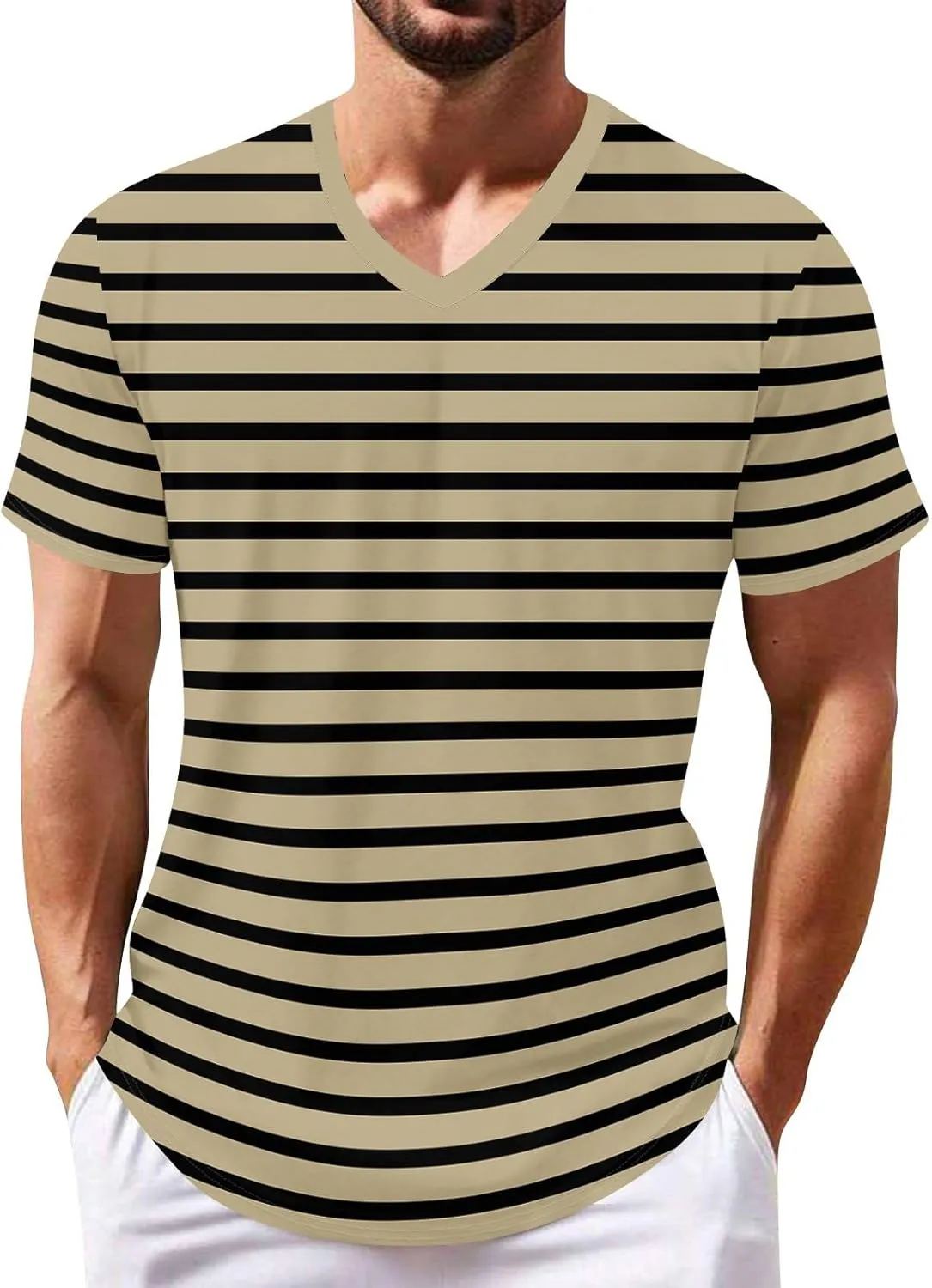 Ymosrh Men's Striped Shirt Short Sleeve V Neck Print T-Shirts Casual Summer Beach Tee Tops Shirts, S-3XL
