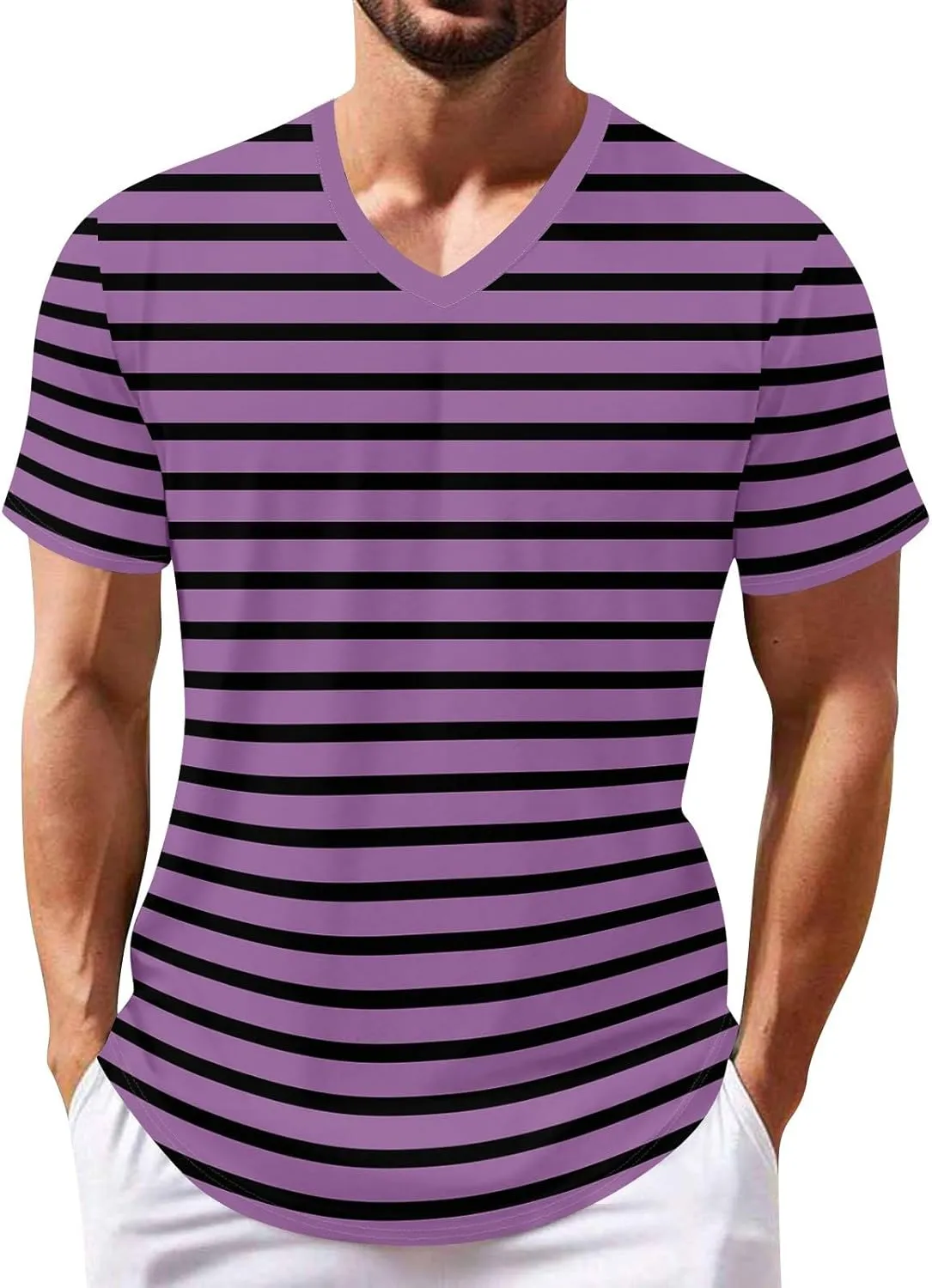 Ymosrh Men's Striped Shirt Short Sleeve V Neck Print T-Shirts Casual Summer Beach Tee Tops Shirts, S-3XL