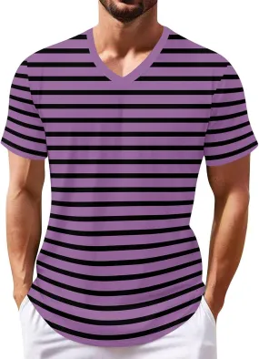 Ymosrh Men's Striped Shirt Short Sleeve V Neck Print T-Shirts Casual Summer Beach Tee Tops Shirts, S-3XL