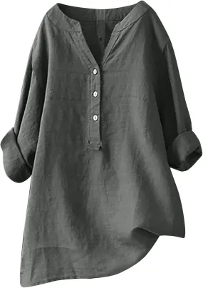 YZHM Womens Long Sleeve Blouses Cotton Linen Plus Size Tops V Neck Button Down Shirts Loose Tunic Tops Solid Trendy Tshirts