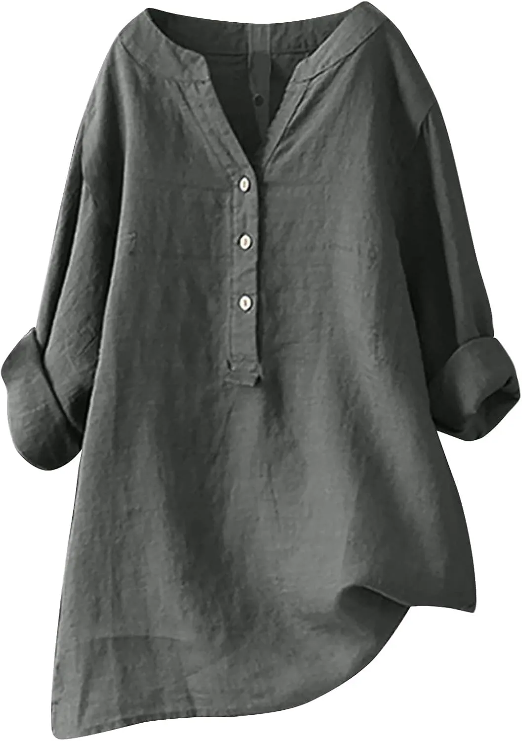 YZHM Womens Long Sleeve Blouses Cotton Linen Plus Size Tops V Neck Button Down Shirts Loose Tunic Tops Solid Trendy Tshirts